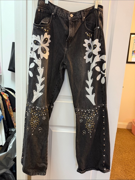 BDG Denim - BDG Black Wide-Leg Jeans with White Floral Art & Studs